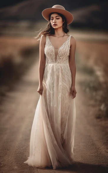 Lace Sleeveless Notched Illusion Tulle Country Bohemian Wedding Dress