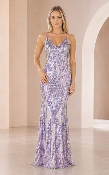 Robe de bal fourreau à fines bretelles et sequins géométriques lavande
