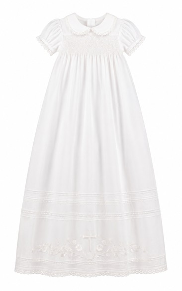 Baby Christening Gown Vintage Modest A-Line Cap Sleeve Cotton Lace Tea-Length with Bow Sash in White