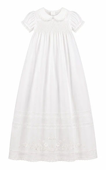 Baby Christening Gown Vintage Modest A-Line Cap Sleeve Cotton Lace Tea-Length with Bow Sash in White