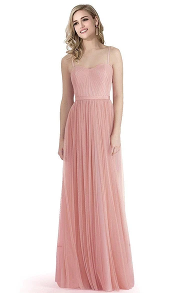 Sleeveless A-line Floor-length Tulle Dress with Spaghetti Straps