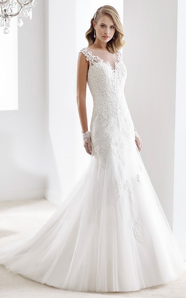 Cap-Sleeve Sheath Bridal Gown With Mermaid Style And Illusive Design
