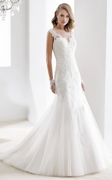 Cap-Sleeve Sheath Bridal Gown With Mermaid Style And Illusive Design