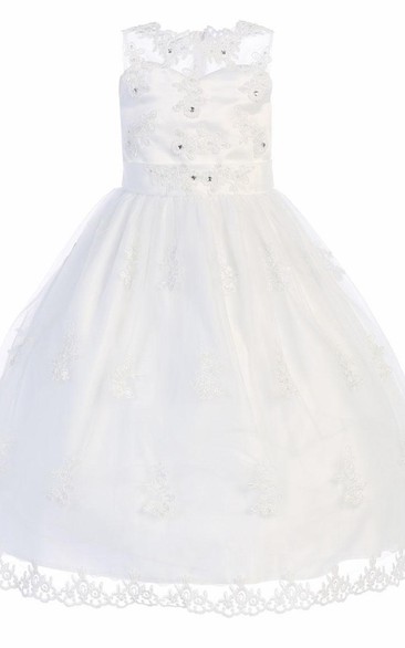 Tea-Length Sweetheart Tiered Beaded Lace&Organza Flower Girl Dress