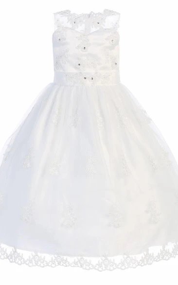 Tea-Length Sweetheart Tiered Beaded Lace&Organza Flower Girl Dress