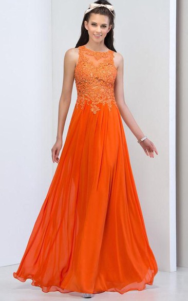 Scoop Appliques Sequins Open Back Prom Dress
