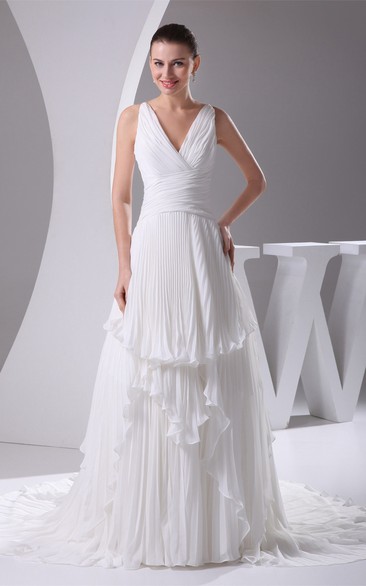 Chiffon A-Line Deep-V-Neck Pleats and Gown With Draping