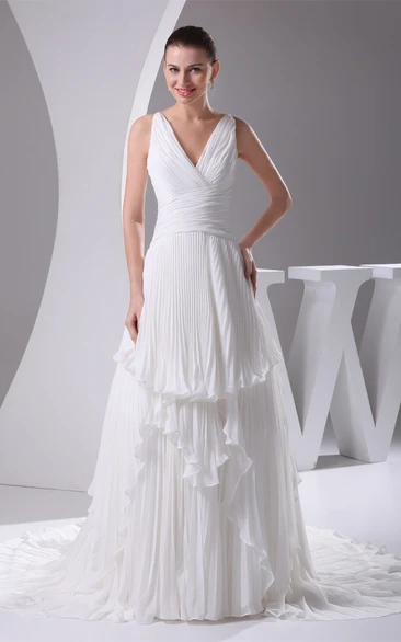 Chiffon A-Line Deep-V-Neck Pleats and Gown With Draping
