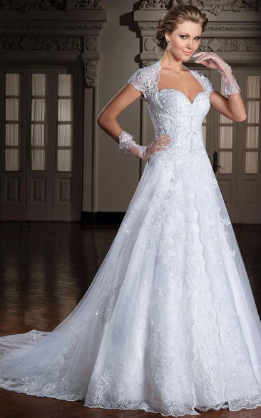 Glamorous Cap Sleeve A-line Wedding Dress Lace Sweep Train