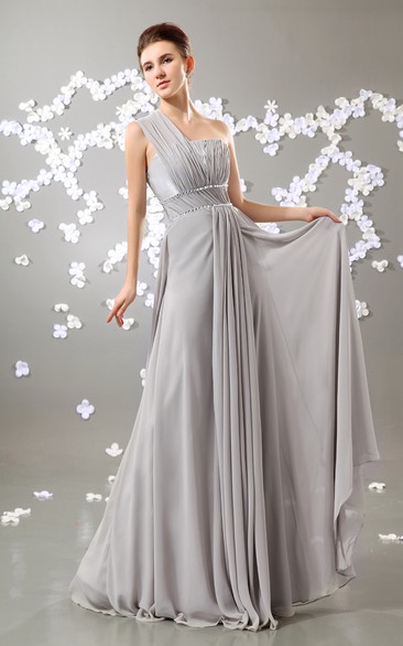 Chiffon One-Shoulder Empire Dress With Pleating