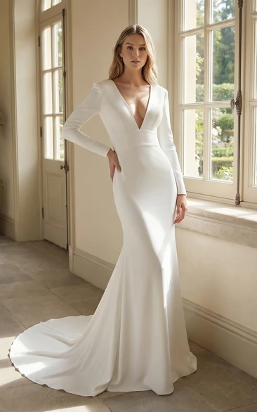 Minimalist Long Sleeve Crepe Mermaid Wedding Dress with Low V Back and Chapel Train