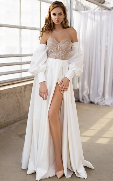 Sexy Sweetheart Front Split Chiffon Puff-sleeve Chiffon Empire Wedding Dress with Beaded Top