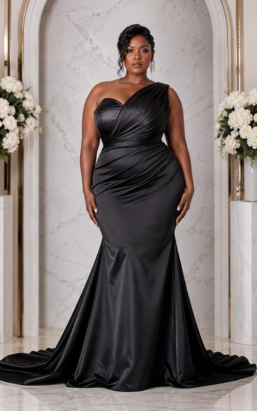 Plus Size Black One-Shoulder Satin Mermaid Wedding Dress