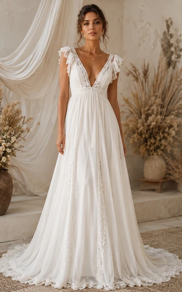 Boho Lace Wedding Dress with Tie Shoulder Straps, Plunging V-Neck & Empire A-Line Chiffon Skirt