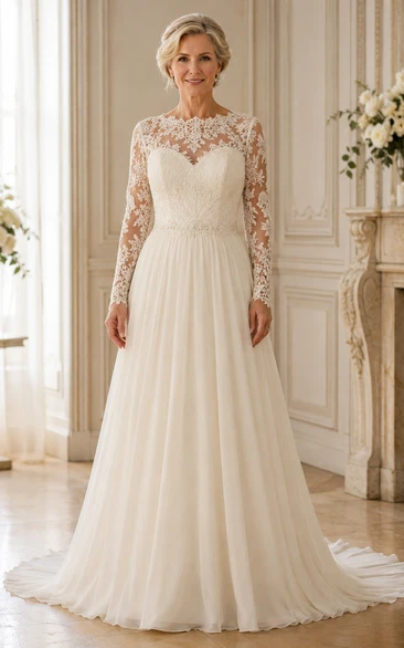 Long Sleeve Lace Bodice A-Line Older Brides Wedding Dress with Soft Tulle Skirt