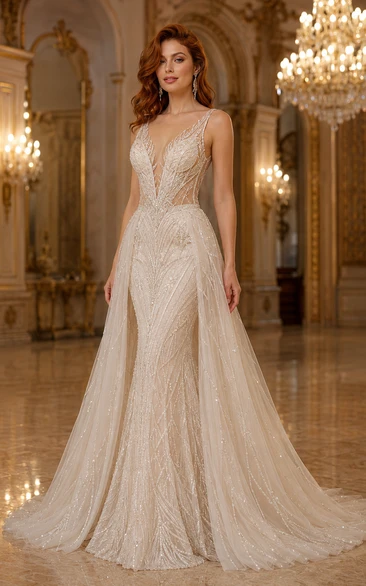 Vestido de novia de corte A con escote en V, encaje y cuentas, color champán, con cola de capilla.