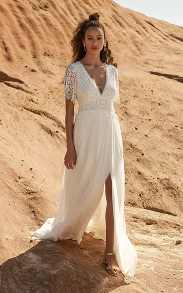 Front Split Plunging Half Sleeve Bohemian Lace And Chiffon Wedding Dress With Open Back