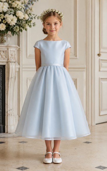 A-line Tea-length Cap Sleeve Satin Flower Girl Dress with Pale blue satin with clean bateau neckline