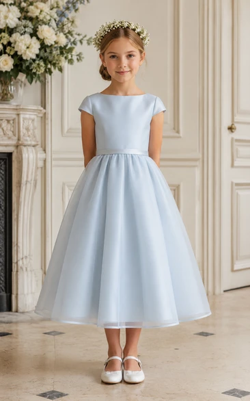 A-line Tea-length Cap Sleeve Satin Flower Girl Dress with Pale blue satin with clean bateau neckline