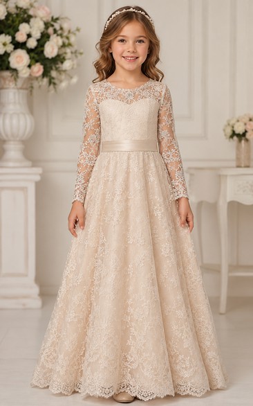 Champagne Long Sleeve A-Line Lace Flower Girl Dress