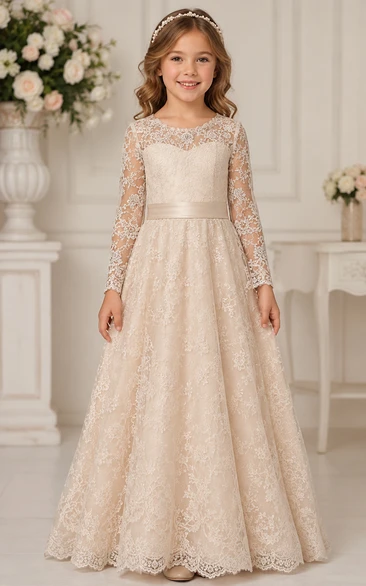 Champagne Long Sleeve A-Line Lace Flower Girl Dress