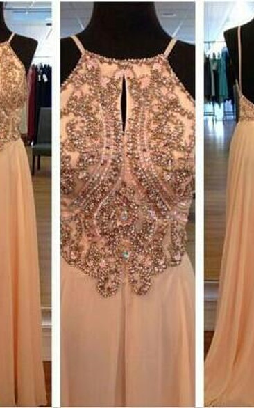 Sexy Spagetti Long Prom Dress Chiffon Straps Evening Party Gowns With Beadings Crystal