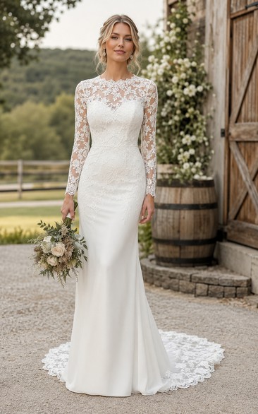 High Neck Long Sleeve Mermaid Country Wedding Dress with Lace Illusion Back