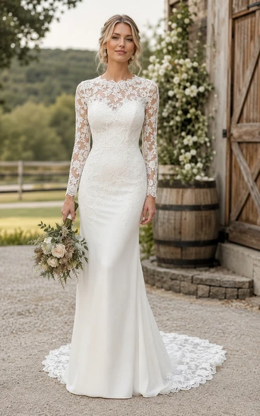 High Neck Long Sleeve Mermaid Country Wedding Dress with Lace Illusion Back