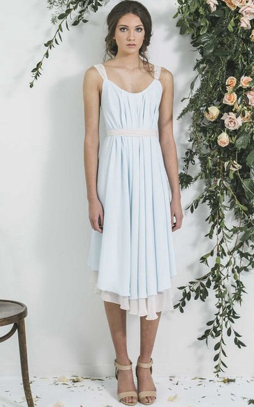 Tea-Length Sleeveless V-Neck Pleated Chiffon Bridesmaid Dress