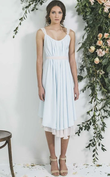 Tea-Length Sleeveless V-Neck Pleated Chiffon Bridesmaid Dress