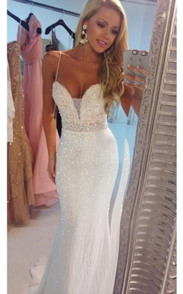 Delicate Beadings Sequins Mermaid Beach Wedding Dress Spaghetti Strap
