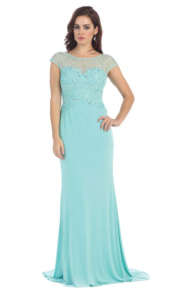 Sheath Scoop-Neck Short Sleeve Jersey Low-V Back Dress With Lace And Appliques