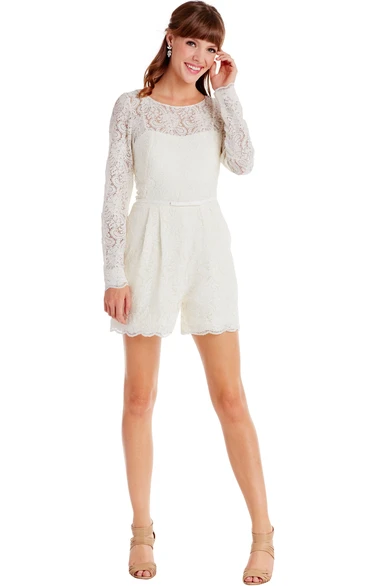 Long-Sleeve Scoop-Neck Knee-Length Lace Little White Dress