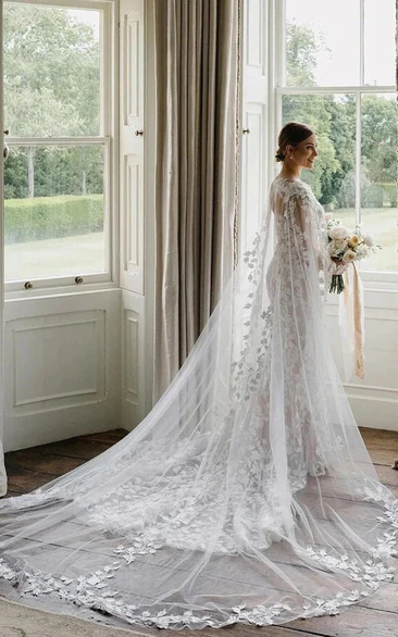 Elegant Long Sleeve Illusion Sheath Lace Applique Charming Vintage Wedding Dress