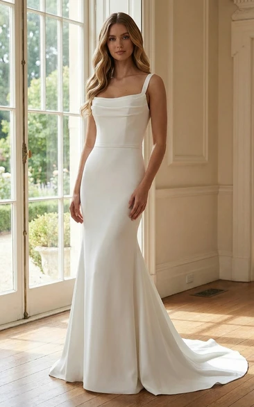Minimalist Wedding Dress Mermaid Square Neck Sleeveless Satin Bridal Gown