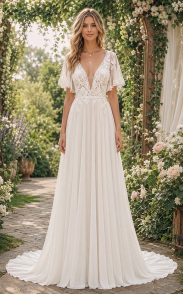 Simple A-Line Wedding Dress Short Sleeve V-Neck Lace Chiffon Floor Length Sweep Train Ivory