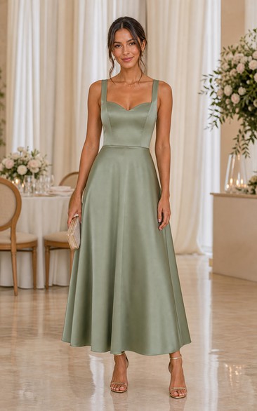 Sage Satin Square Neck A-Line Midi Dress