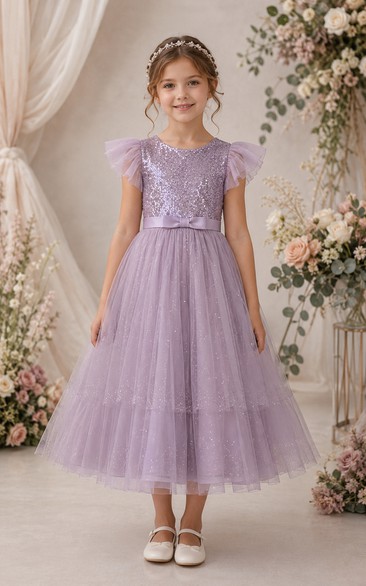 Lavender Tea-Length A-Line Lace Flower Girl Dress with Bow Sash