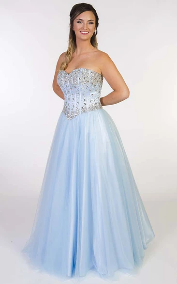 A-Line Sleeveless Maxi Beaded Sweetheart Tulle Prom Dress