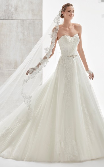 Strapless A-line Wedding Dress With Beaded Belt and Lace-up Back