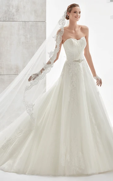 Strapless A-line Wedding Dress With Beaded Belt and Lace-up Back