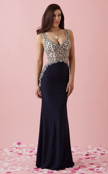 Sheath V-Neck Sleeveless Jersey Deep-V Back Dress With Beading