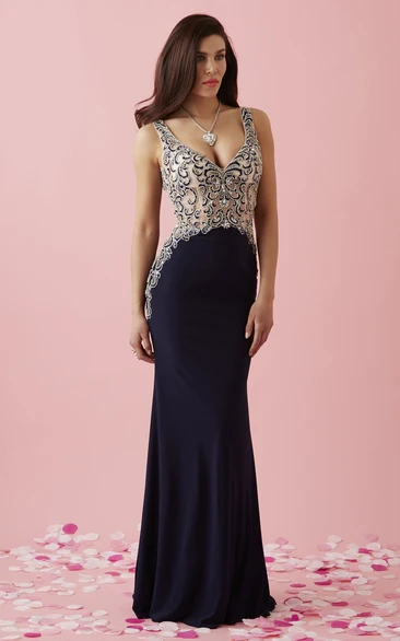Sheath V-Neck Sleeveless Jersey Deep-V Back Dress With Beading