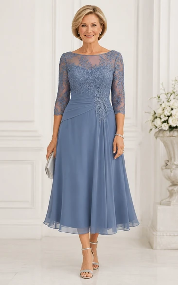A-Line Tea-Length Bateau 3/4 Length Sleeve Tulle Mother Dress with Lace