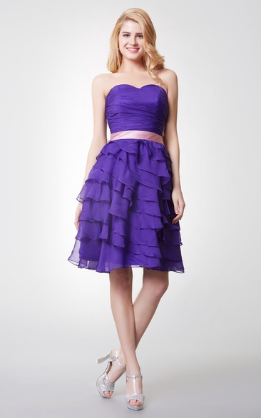 Cute Sleeveless Ruched Tiered Short Chiffon Dress With Sash