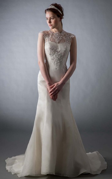 Sheath Jewel Floor-Length Cap-Sleeve Appliqued Satin Wedding Dress With Illusion Back And Beading