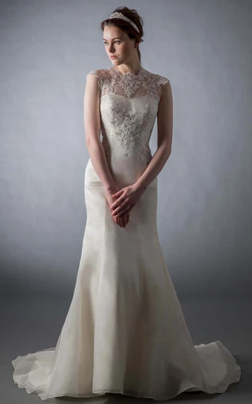 Sheath Jewel Floor-Length Cap-Sleeve Appliqued Satin Wedding Dress With Illusion Back And Beading