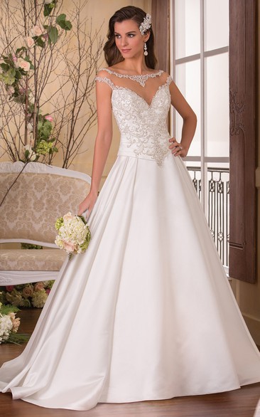 Cap-Sleeved Bateau-Neck A-Line Wedding Dress With Jeweled Illusion Neck