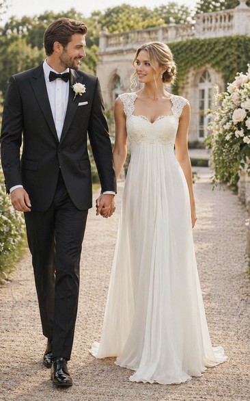 A-Line Long Cap-Sleeve Keyhole Chiffon Dress With Lace