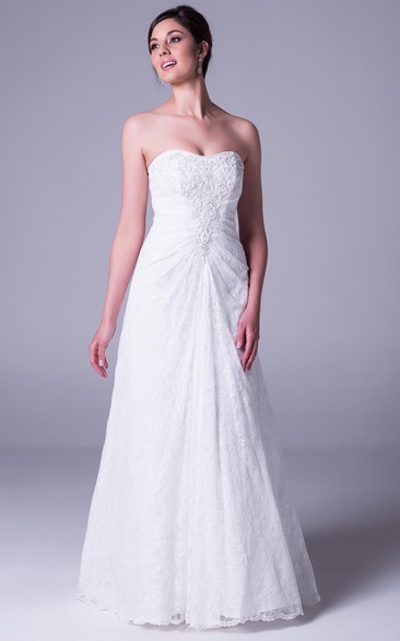 Sheath Draped Strapless Lace Wedding Dress With Court Train